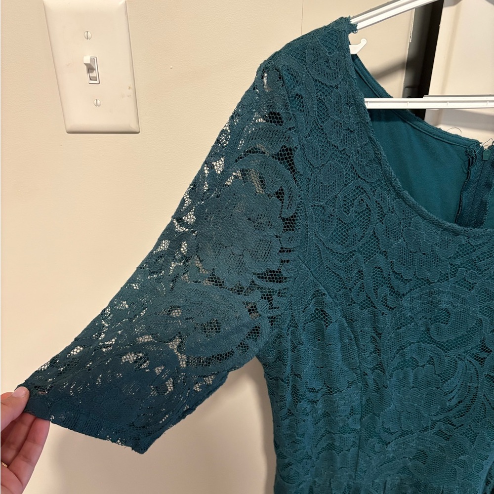 Anthropologie Teal Lace Short-Sleeve Fit-and-Flare Dress - Picture 3 of 4